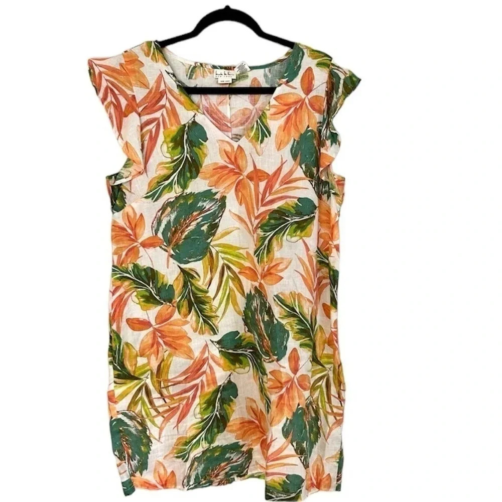 Nicole Miller Women's 100% Linen Tropical Print Flutter Sleeve Dress Sz L GUC